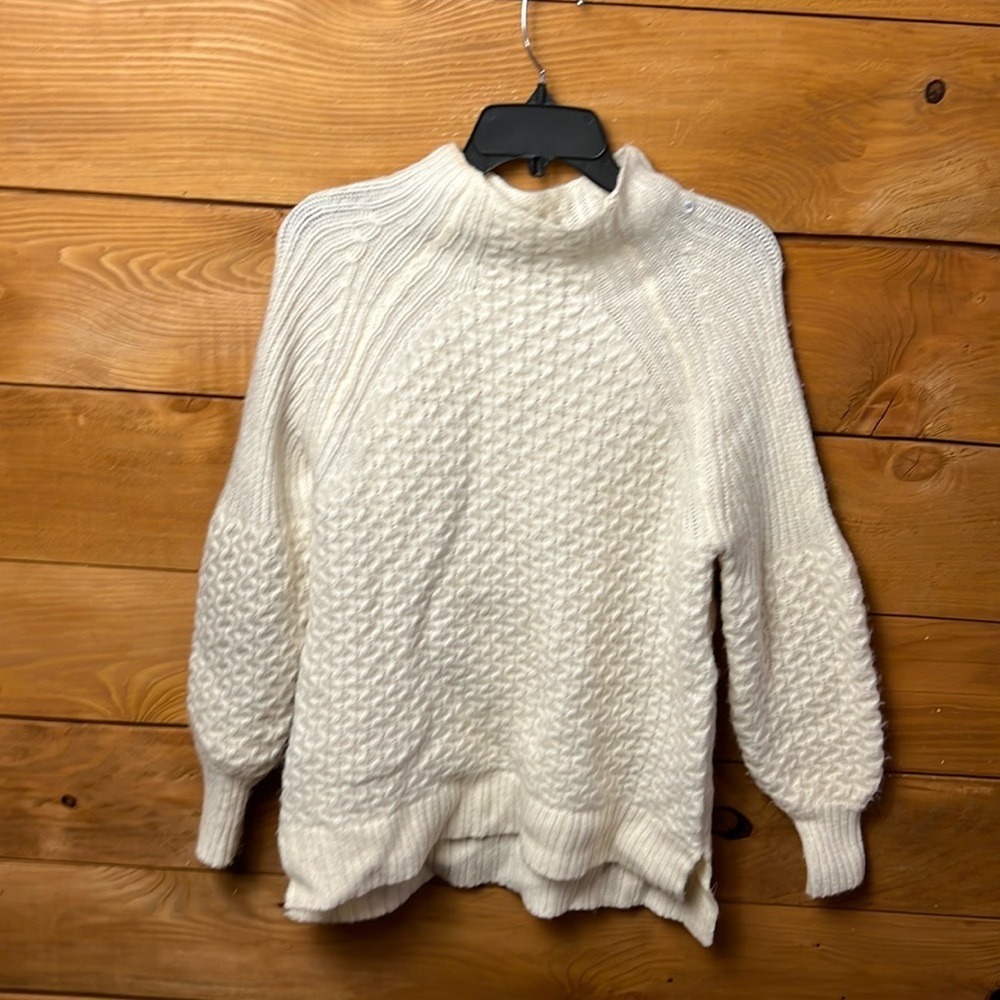 Anthropologie Small Women Cream Cable Knit Sweater High Neck Balloon Sleeve soft